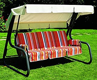 Balancin de jardin- convertible en cama- de 4 plazas- Master Scab- barras de gris antracita- revestimiento de algodon de diseno a rayas- cubierta blanca