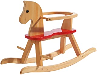 Caballo de balancin roba- juguete balancin acabado en madera maciza natural y laca roja- caballo balancin para ninos pequenos con anillo protector desmontable.