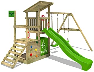 FATMOOSE Parque infantil de madera FruityForest con columpio y tobogan- Torre de escalada de exterior con arenero y escalera para ninos
