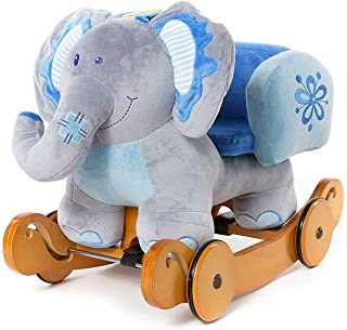 Labebe Caballo Mecedora de Madera 2-en-1 Elefante Azul- ninos Rocking Ride-on Juguetes de 6 Meses a 3 anos de Edad bebes y bebes- Uso Dual como Cochecito- Certificado de Seguridad ASTM