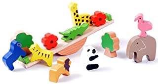 Nexmon bloques apilables de madera para ninos- juego de equilibrio Montessori juguete para ninos (12 componentes de juguete- 1 balancin de equilibrio)